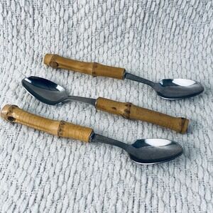 3 Grapefruit Spoons Tan Bamboo Handle Serrated Stainless Tiki Boho Japan Vintage